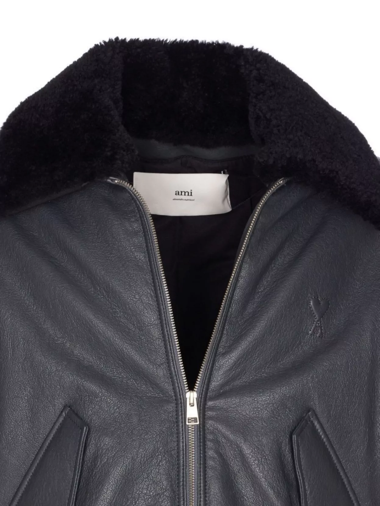 Ami Paris Leather Bomber Jacket Shearling Collar