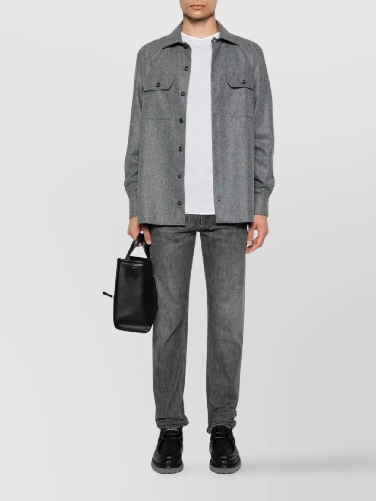 Brunello Cucinelli Wool Shirt With Straight Hem And Buttoned Hems In Gray