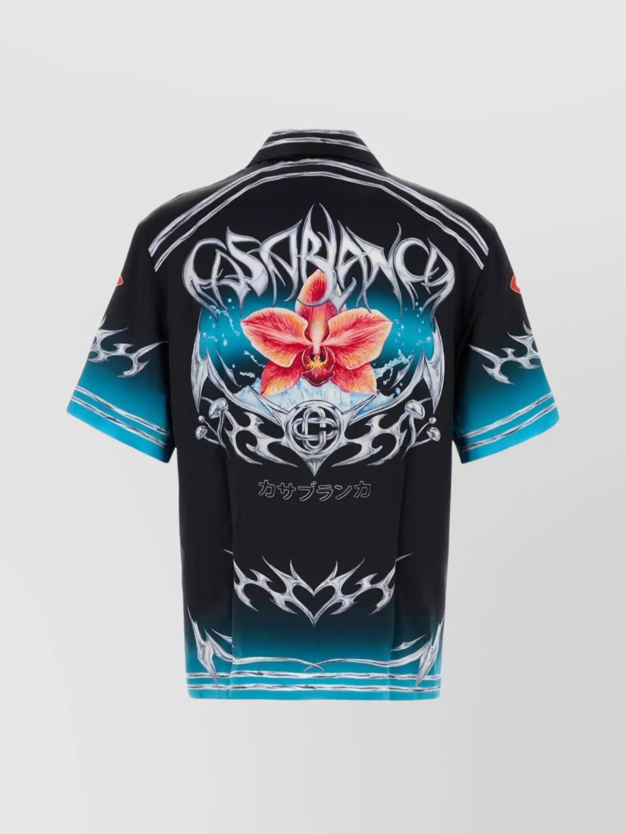 Casablanca Blades Orchid-print Cuban-collar Shirt In Blue