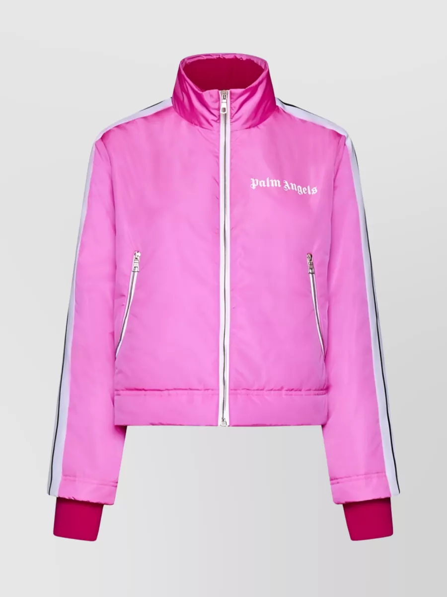 Shop Palm Angels Striped Logo Puffer Jacket In Pink