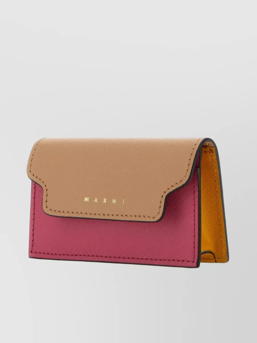 Shop Marni Leather Cardholder With Stitched Bifold Design In Beige