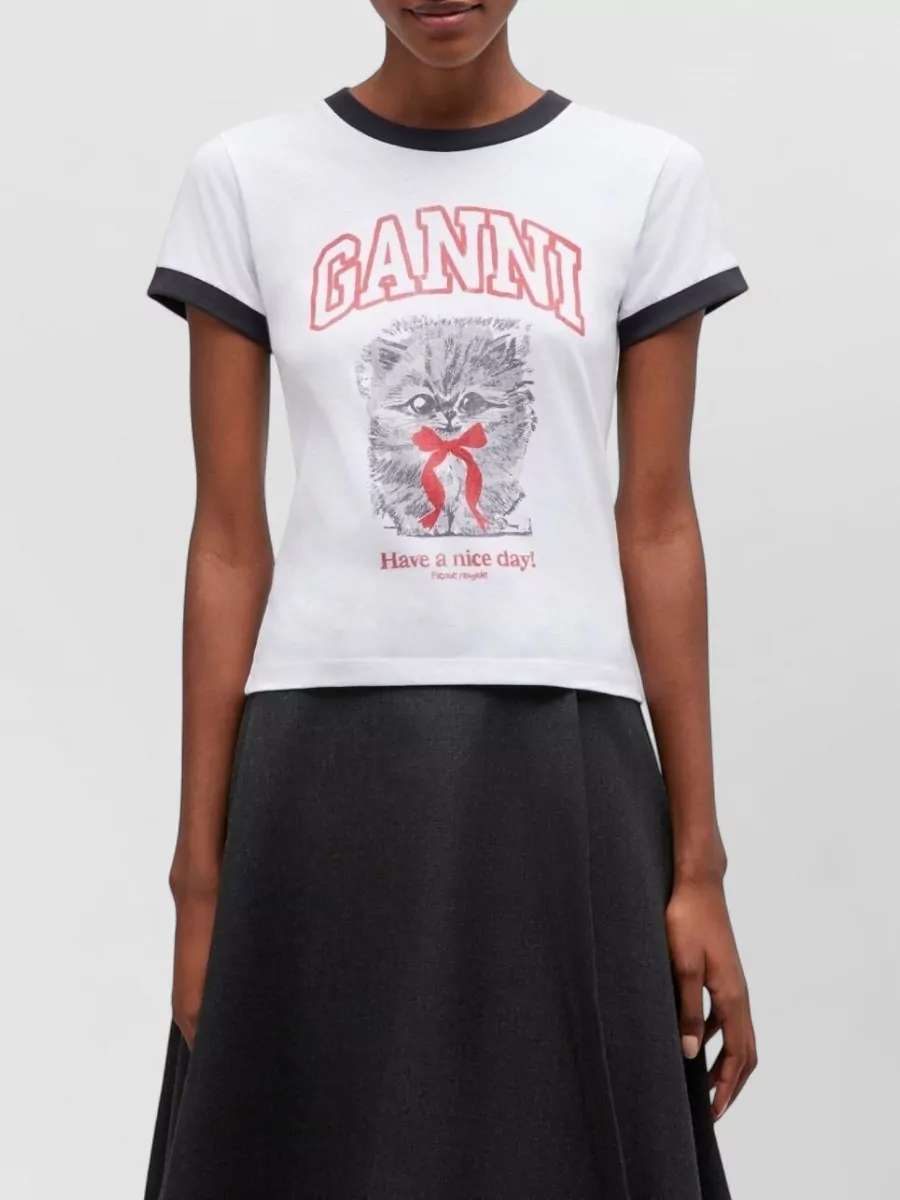 Ganni Graphic Print Crew Neck Short Sleeve Top In Multi