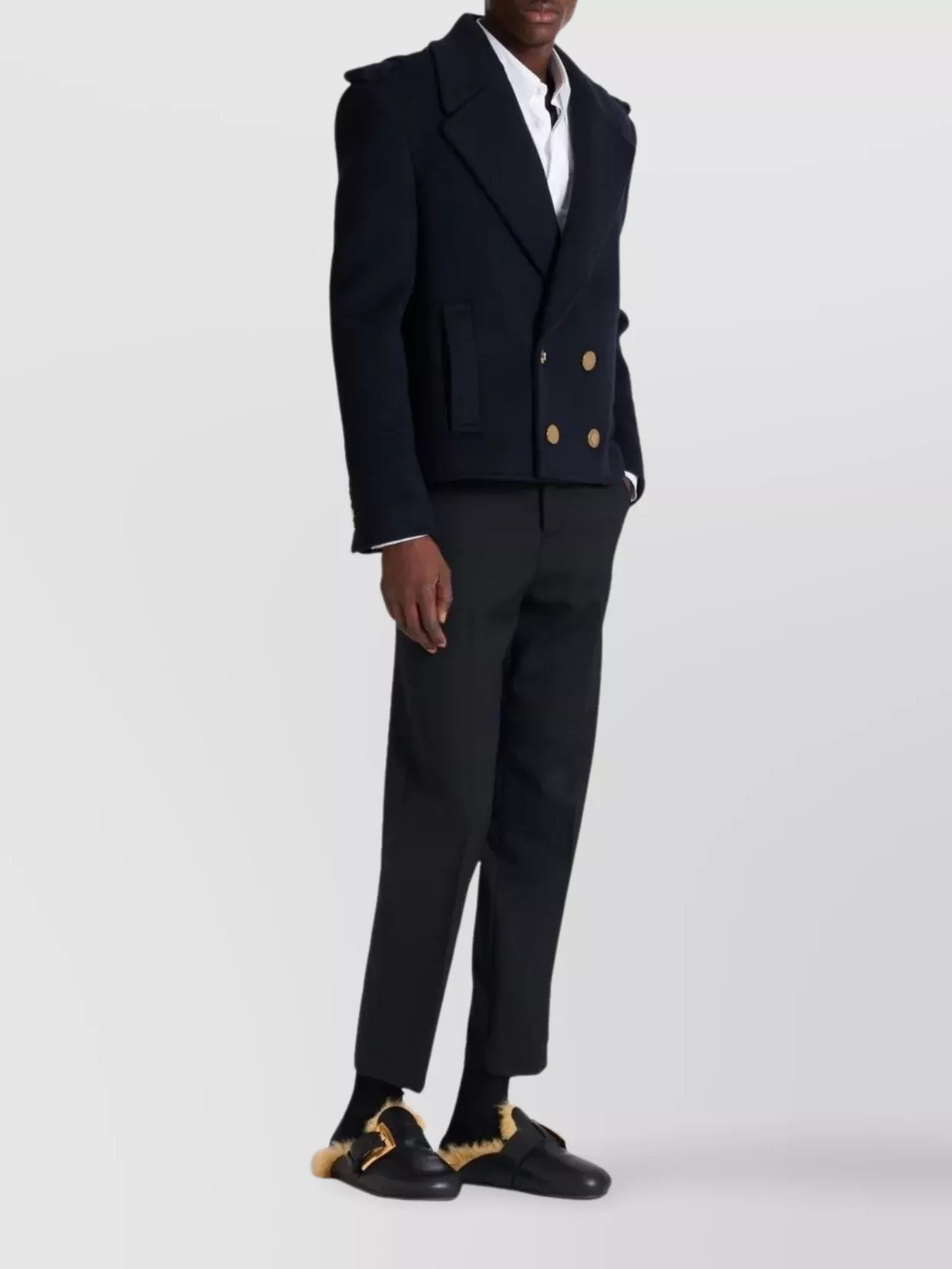 Balmain Cropped Double Breasted Wool Peacoat