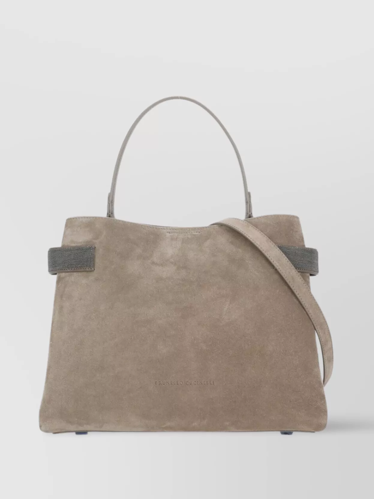 Brunello Cucinelli Suede Leather Shoulder Bag With Brass Inserts In Neutral