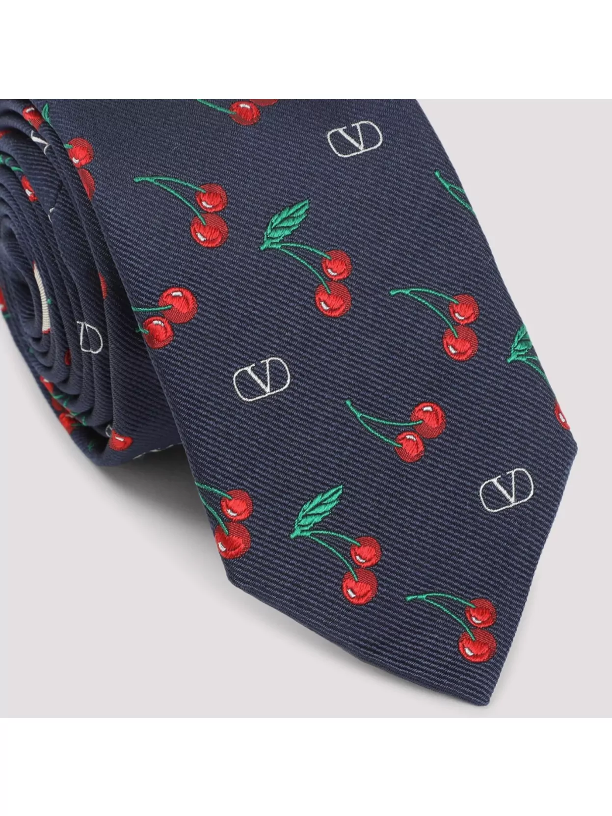 Valentino Adjustable Cherry Pattern Silk Tie In Blue