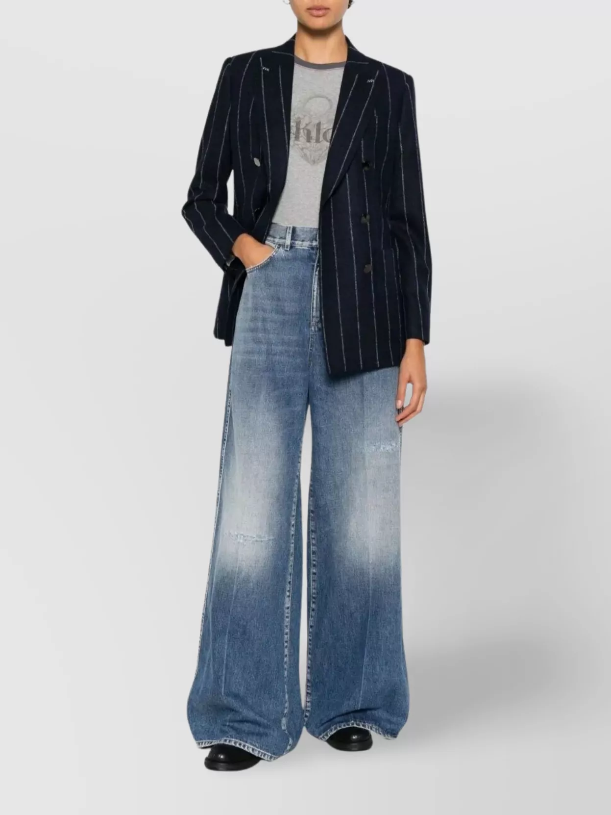 Max Mara Double-breasted Pinstriped Jacket Flap Pockets In Black