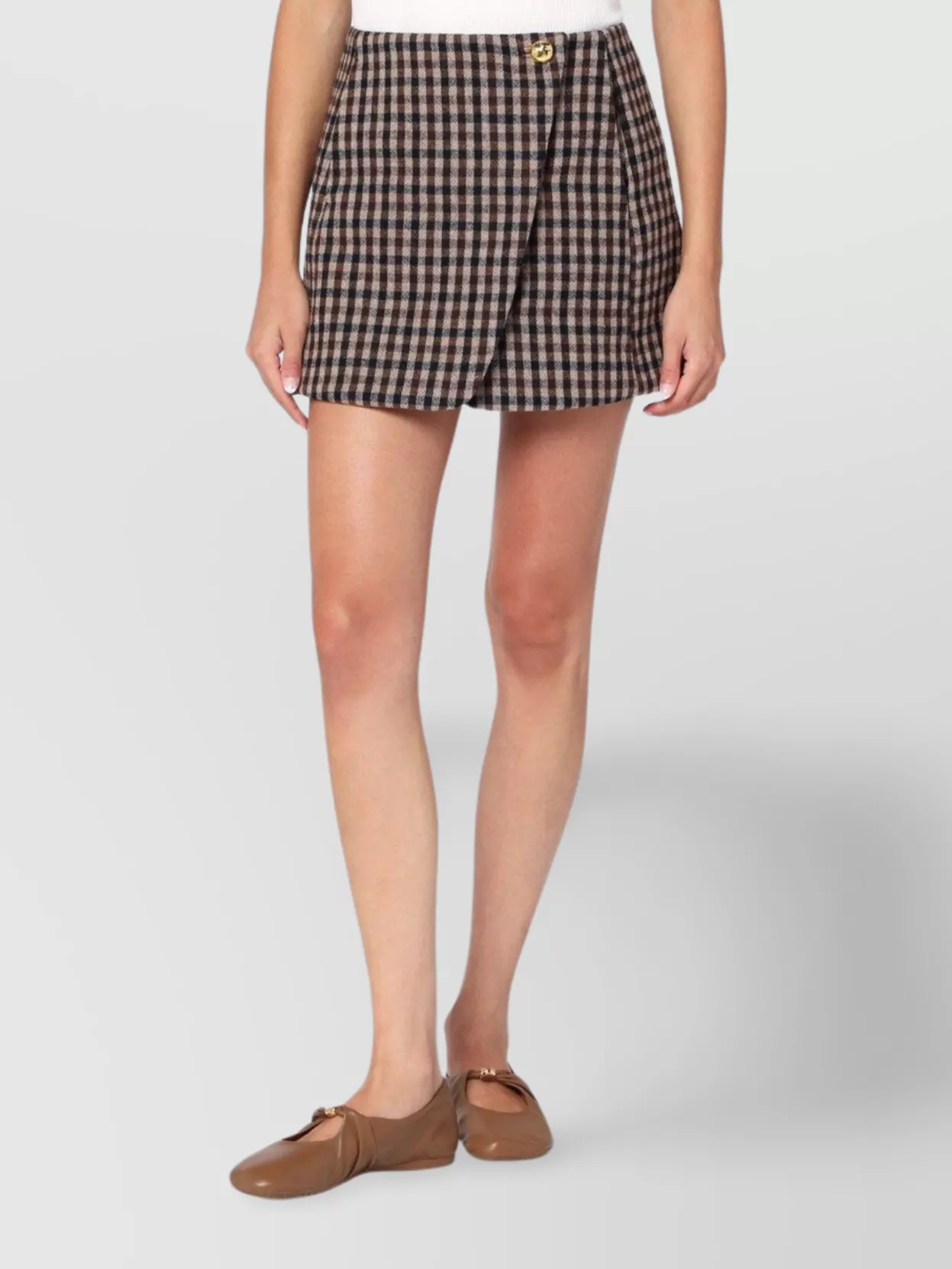 Ganni High Waist Check Pattern Mini Skirt With Button Detail In Brown