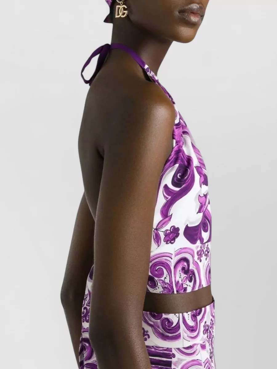 Dolce&Gabbana Stretch Silk Halter Neck Graphic Print Top