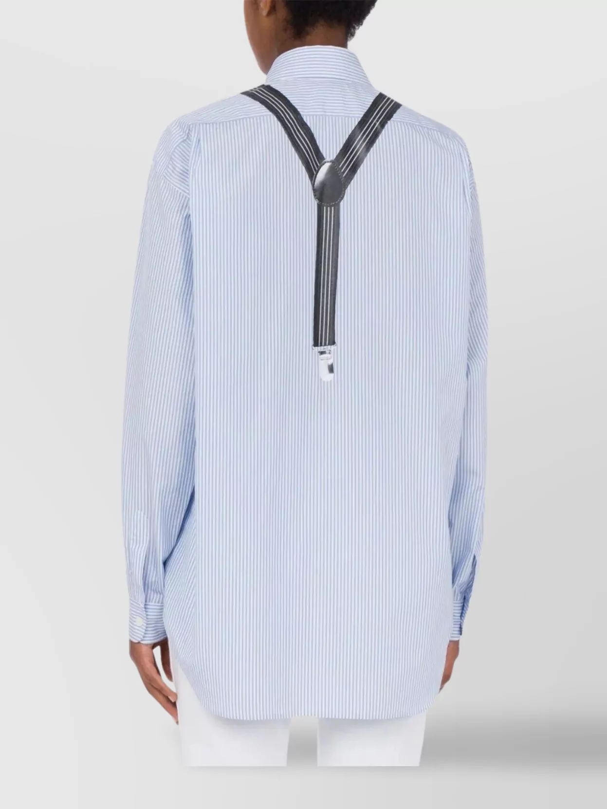 Moschino Couture Light Blue Cotton Striped Shirt With Decorative Straps