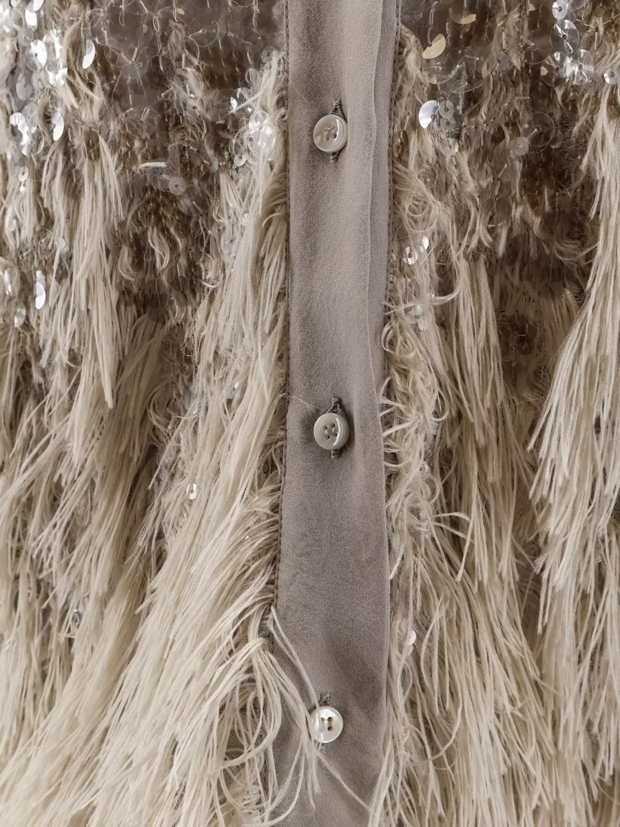 Brunello Cucinelli Silk Sequin Fringe Short-Sleeve Shirt