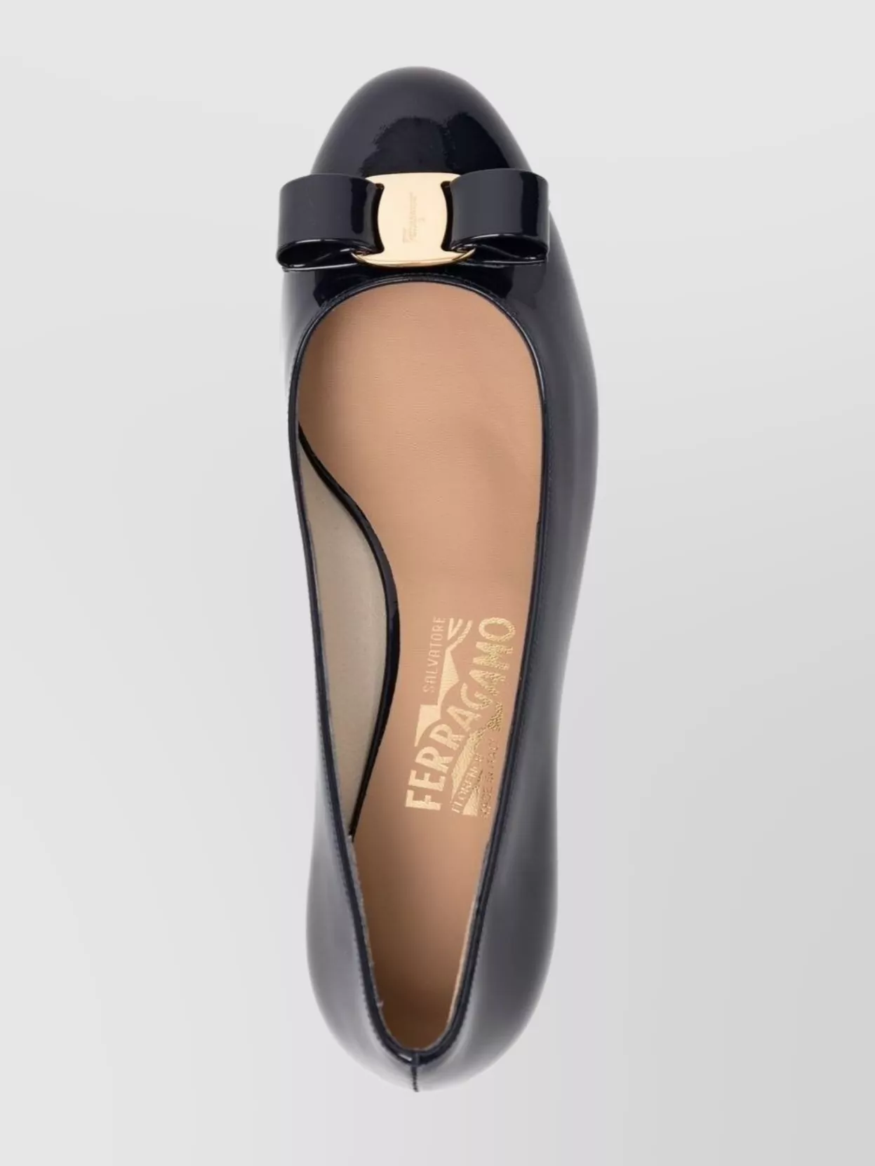 Ferragamo Round Toe Low Block Heel Patent Pumps