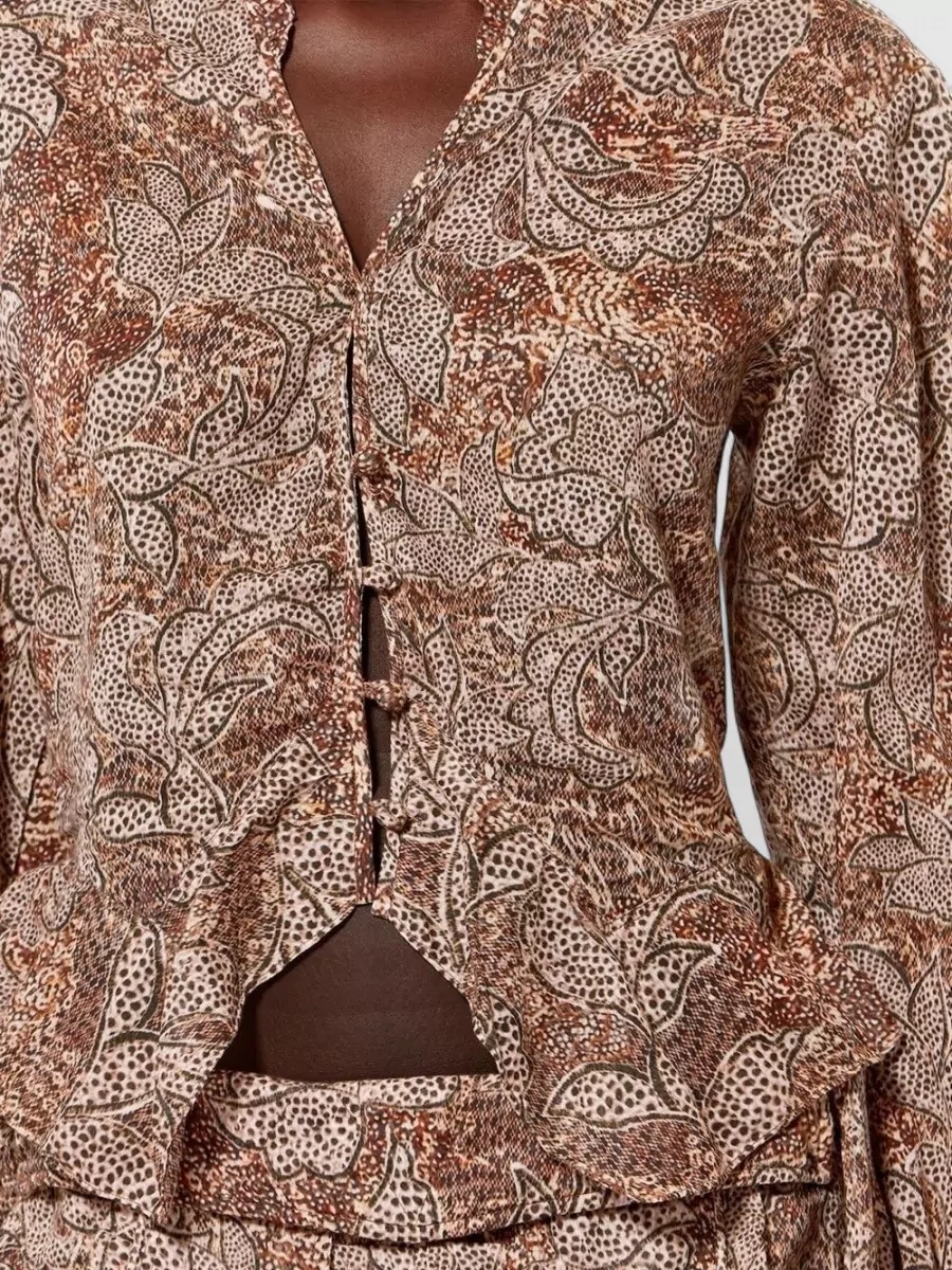 Isabel Marant Cotton Floral-Print Cropped V-Neck Ruffled Long-Sleeve Blouse
