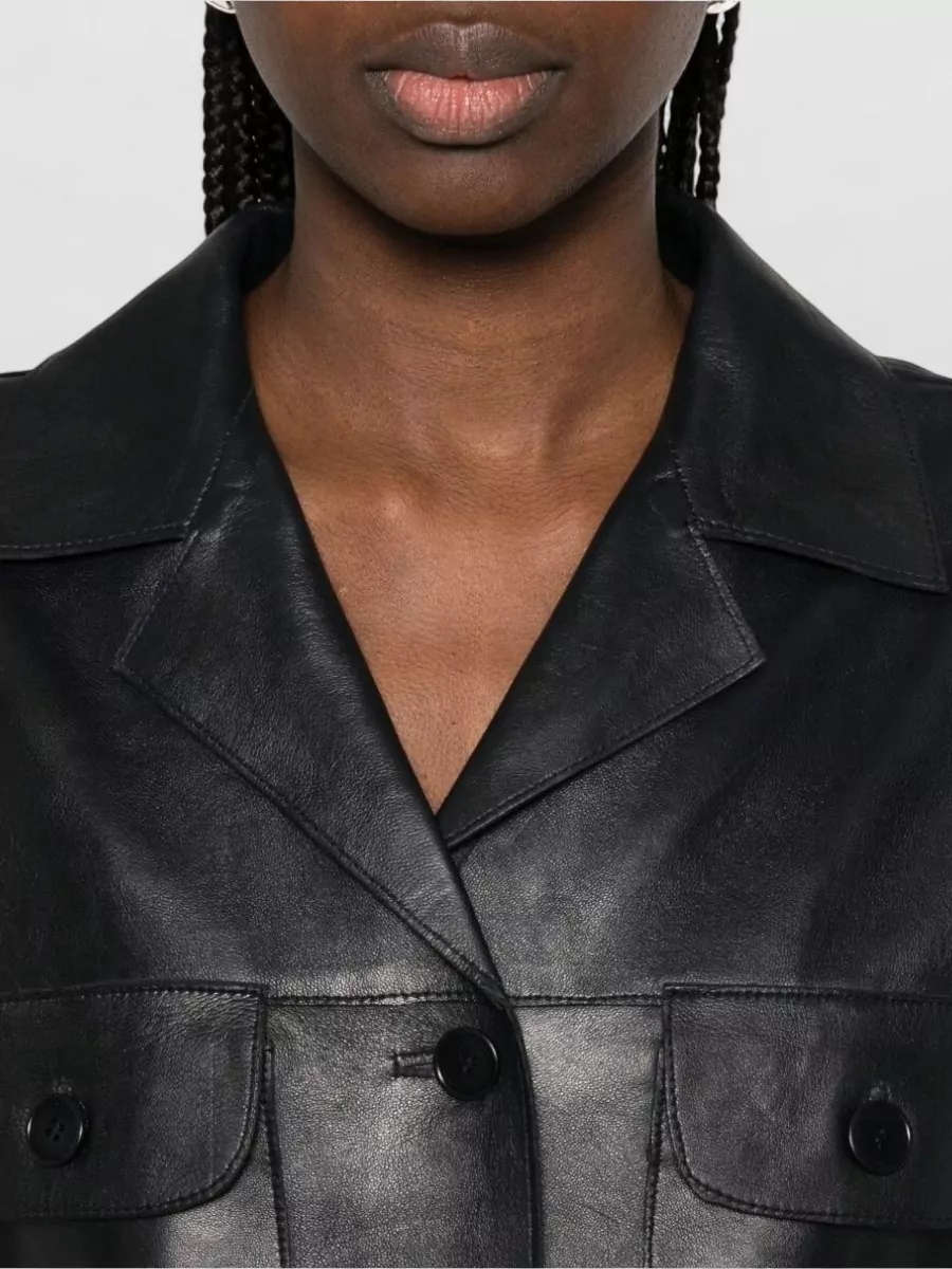 Parosh Leather Jacket Long Sleeves Notched Lapels