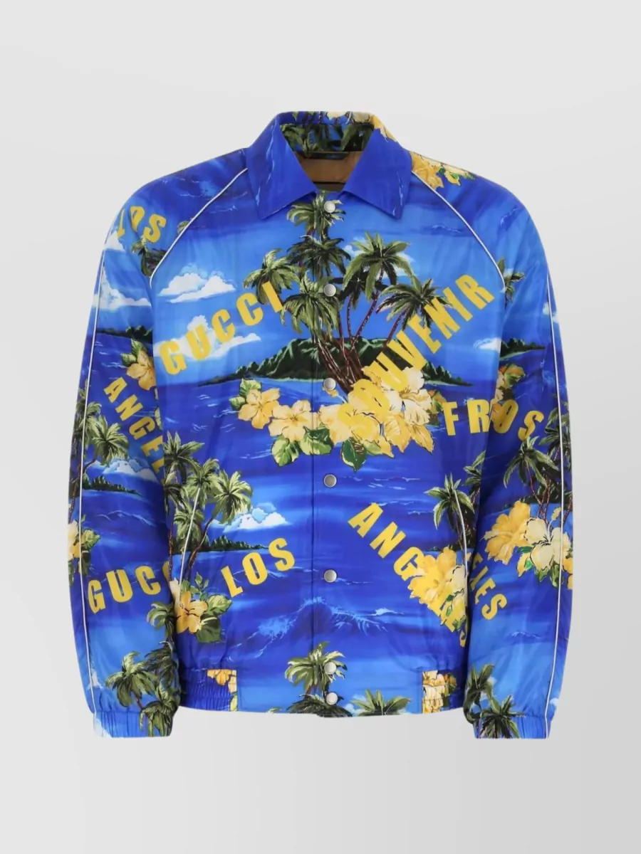 Shop Gucci Dynamic Printed Windbreaker With Elasticated Hem And Cuffs In Blue
