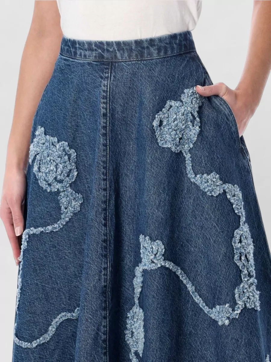 Rotate Denim Midi Skirt High Waist Flowers