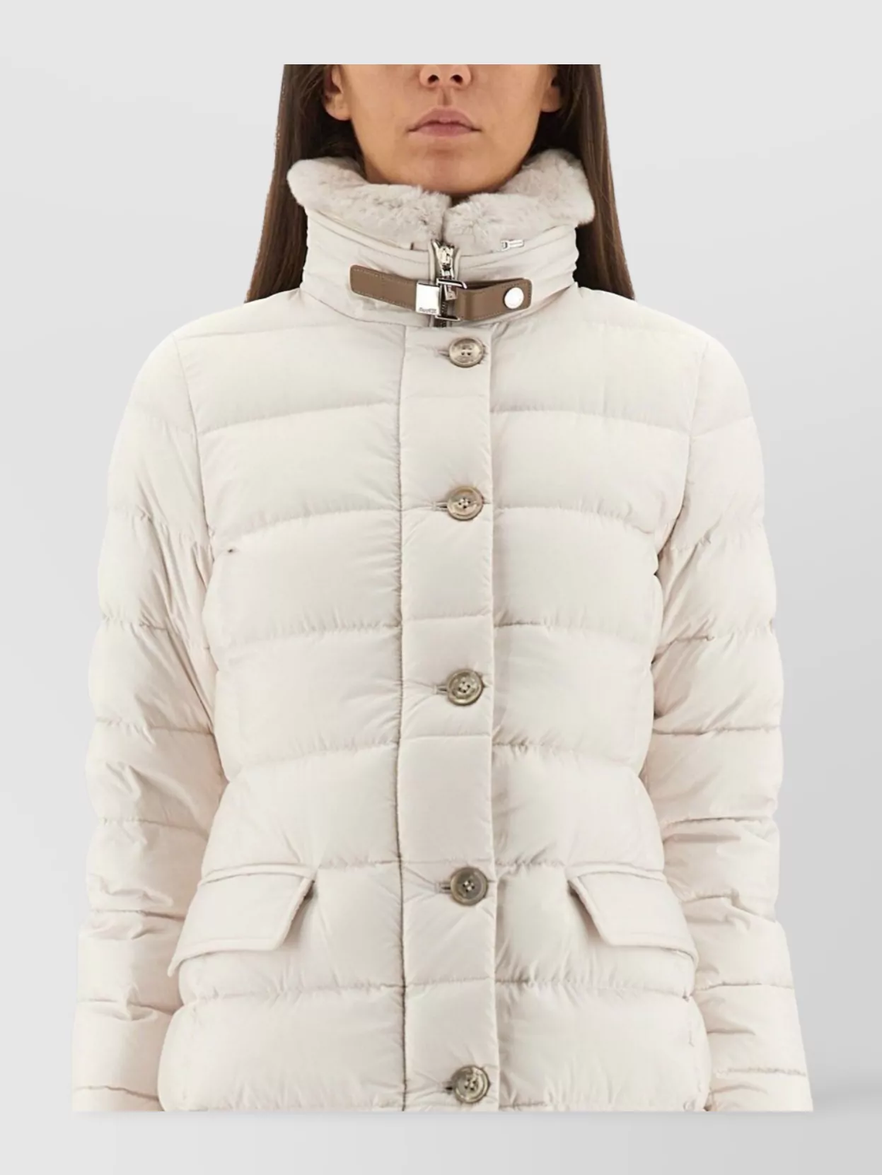 Moorer Long Padded Coat With Belt And High Collar In White