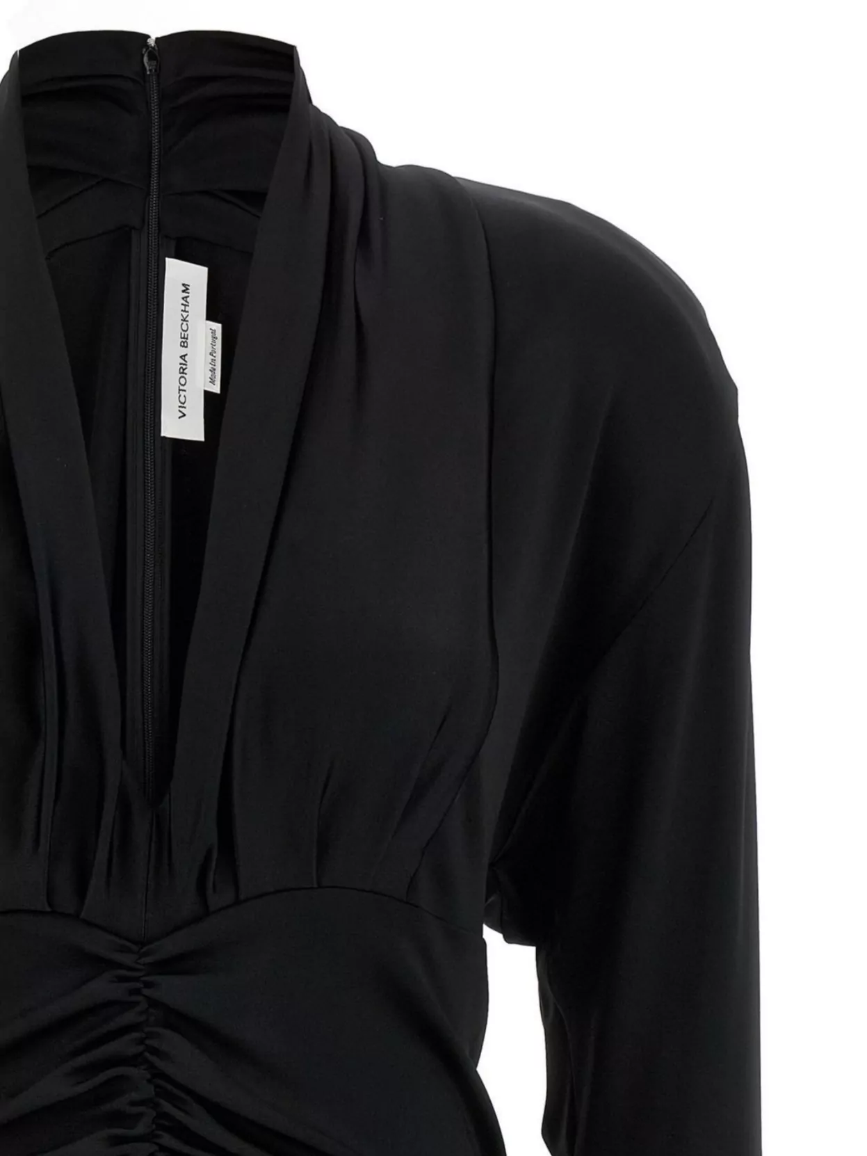 Victoria Beckham Draped V-Neckline Ruched Long Sleeve Mini Dress