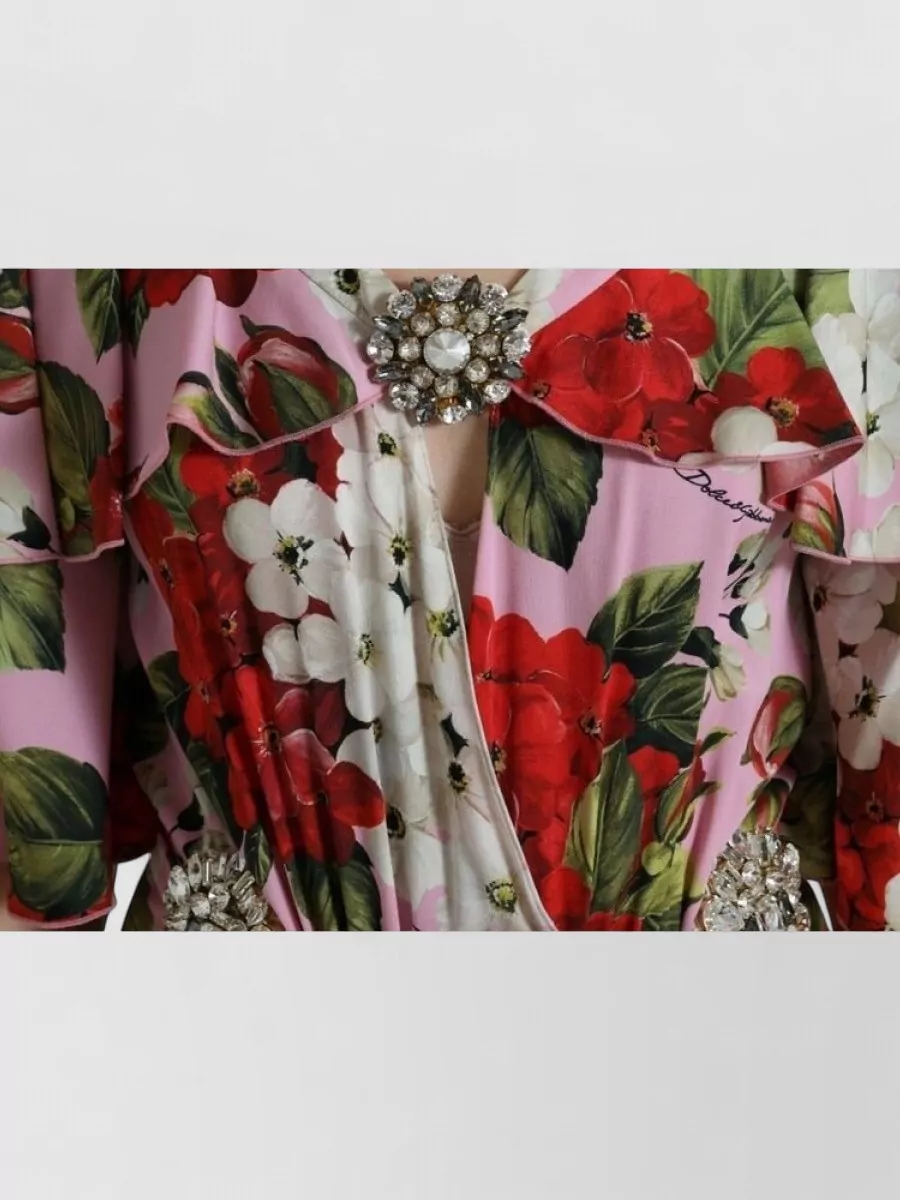 Dolce&Gabbana Silk Floral Print Crystal Embellished Short Sleeve V-Neck Midi Dress