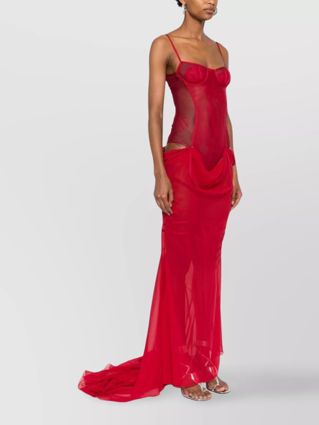 Attico Long Corset Bodice Dress With Mesh Panels In Red