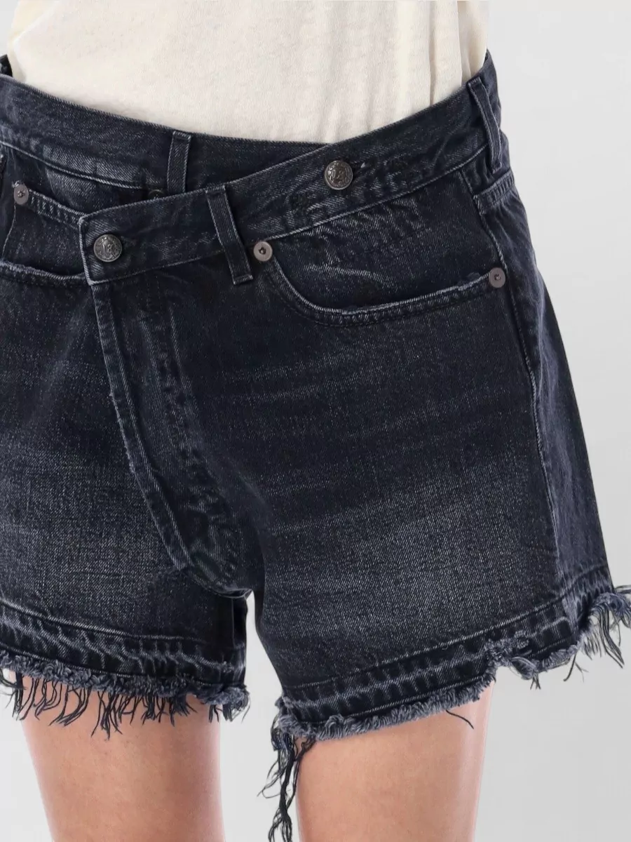 R13 Denim Asymmetric Distressed Short Shorts