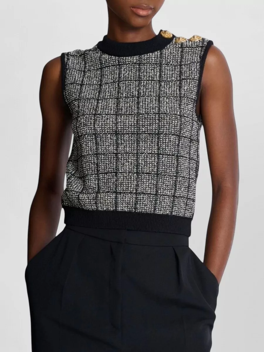 Balmain Checked Tweed Tank Top Crew Neck Buttons