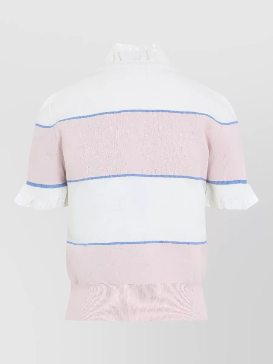Alexander Mcqueen Striped Ruffled High-Neck Short-Sleeve Knitted Top