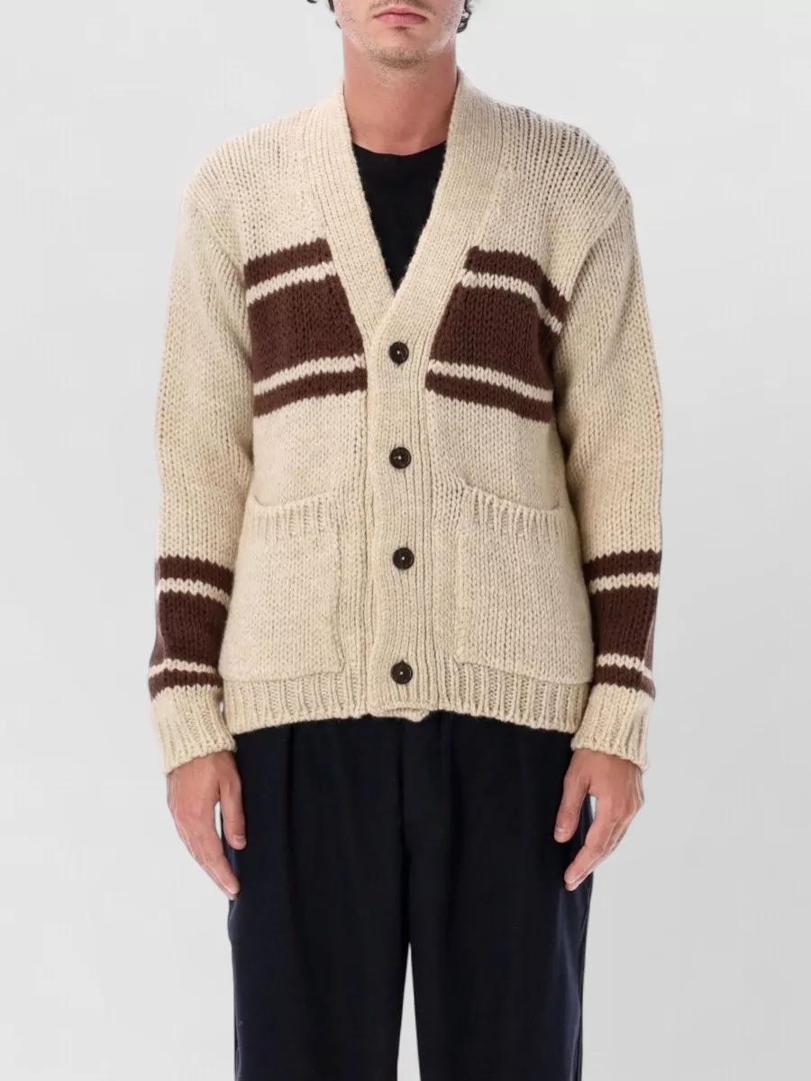 Universal Works wool chunky-knit striped v-neck cardigan
