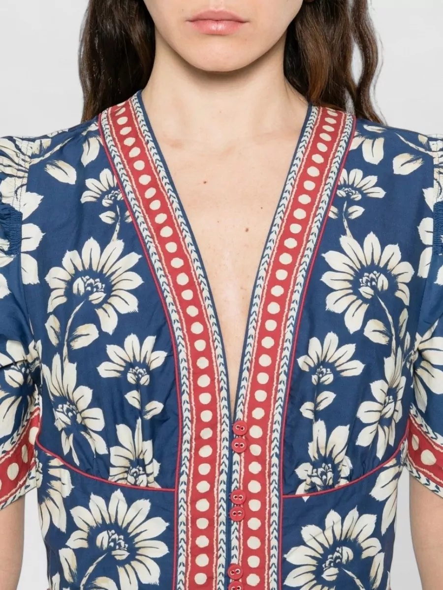 Farm Rio Cotton Floral Print V Neck Short Sleeve Maxi Dress