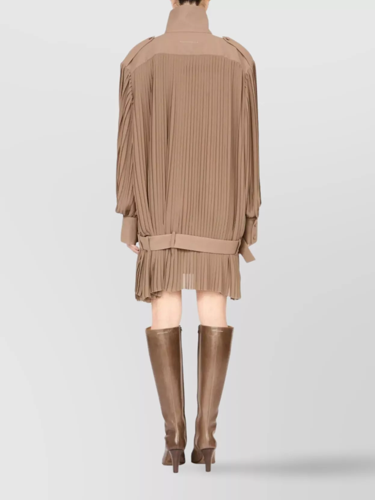 Mm6 Maison Margiela High-Neck Pleated Midi Dress Belted