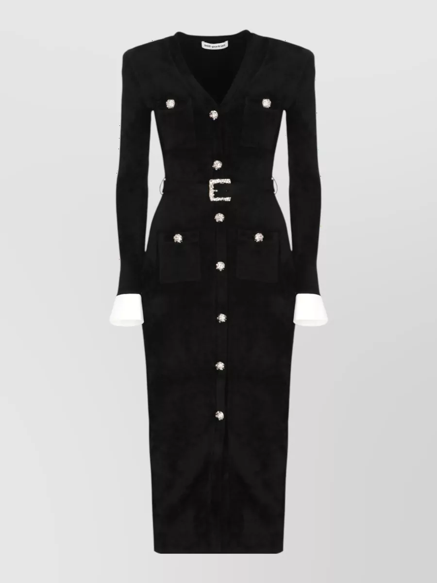 Self-Portrait Chenille v-neck long-sleeve belted knee-length dress