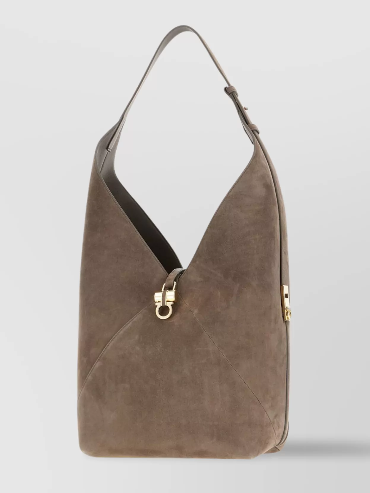 Ferragamo Grey Suede Shoulder Bag With Gold-Tone Hardware