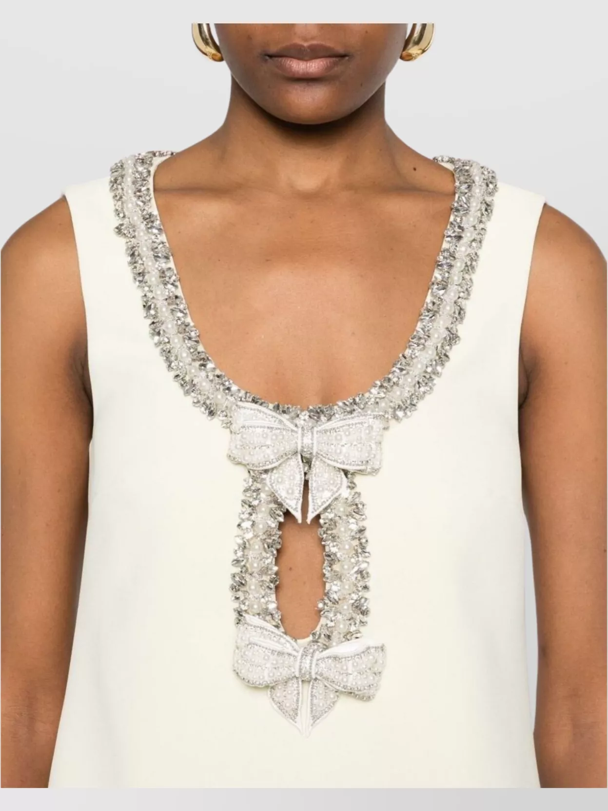 Self-portrait Yellow Crewneck Mini Dress With Jewel Embellishment On The Collar And Bow Detail On The Front In Tec In Nude
