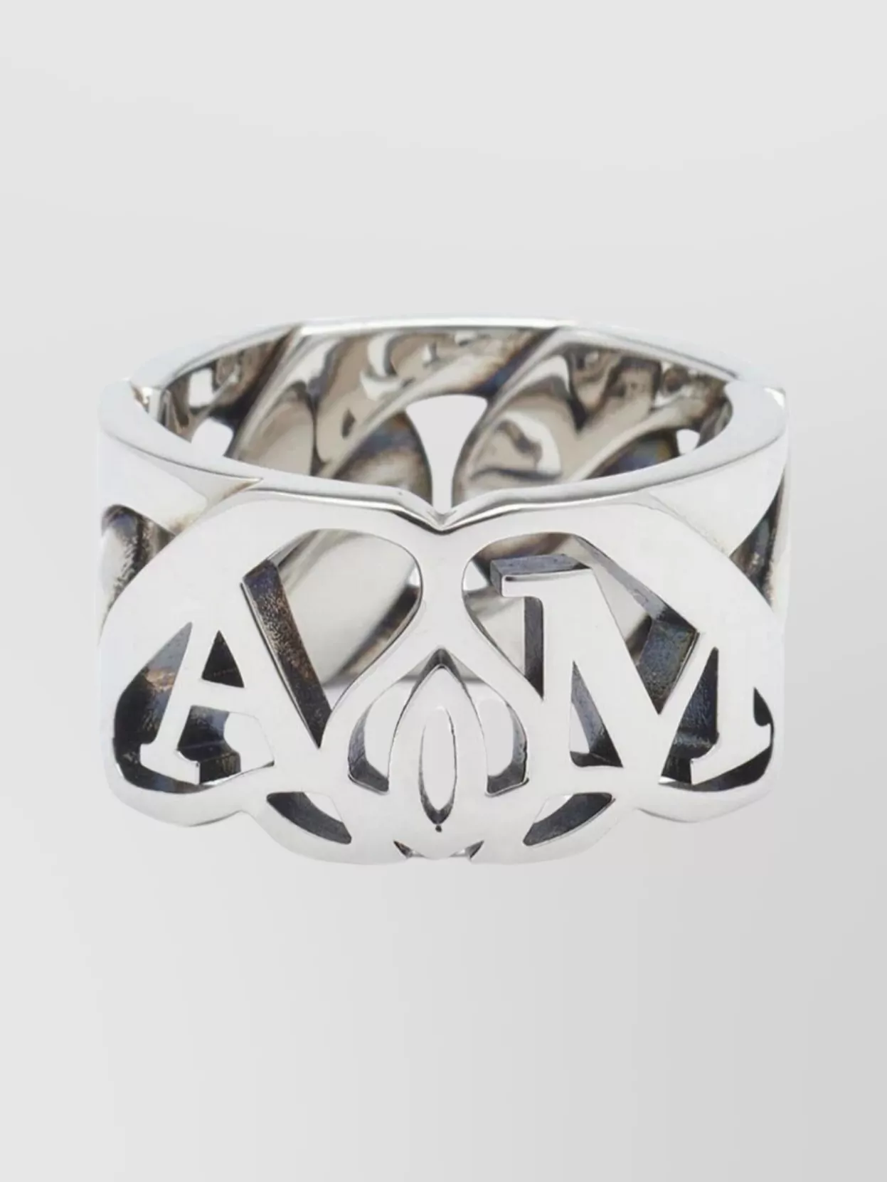 Alexander Mcqueen Seal Logo Chain Ring In Antique Silver In Metallic