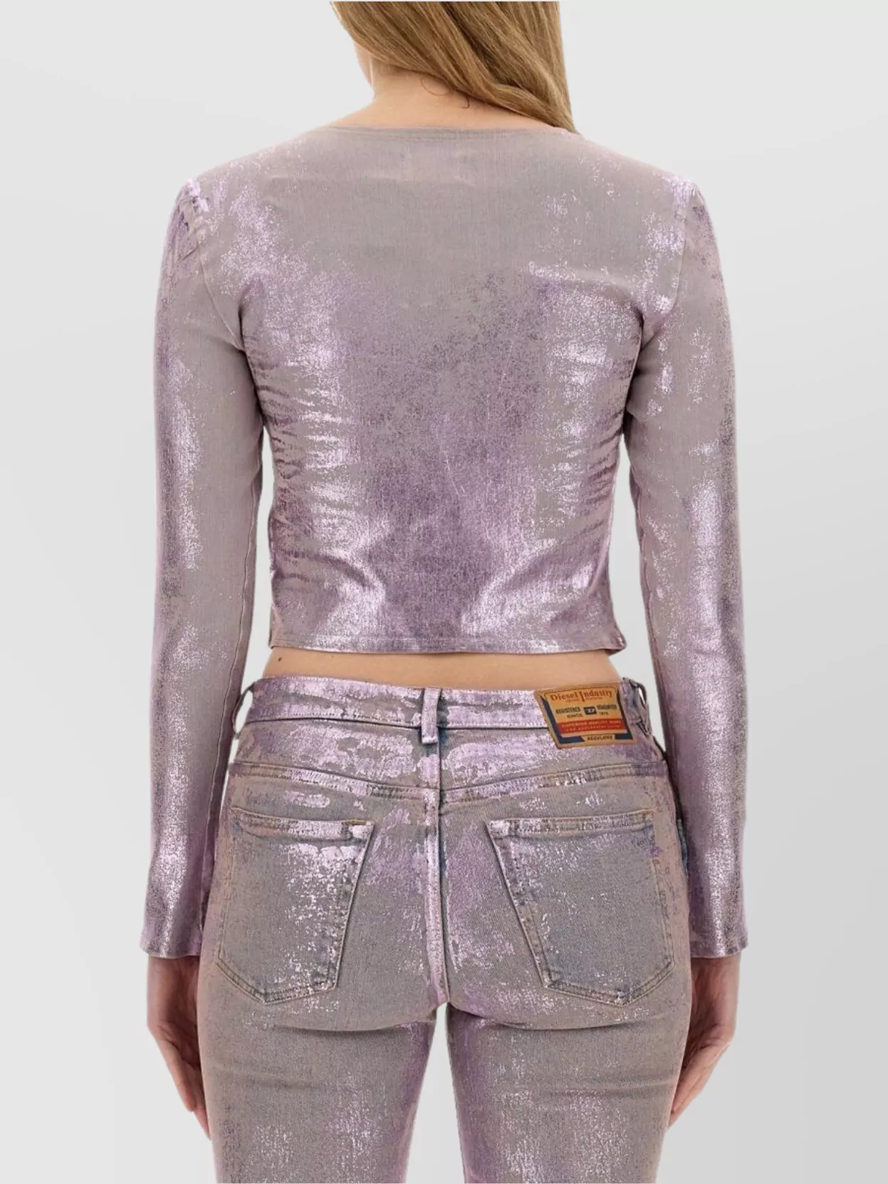 Diesel Stretch Denim Cropped Top With Metallic Finish