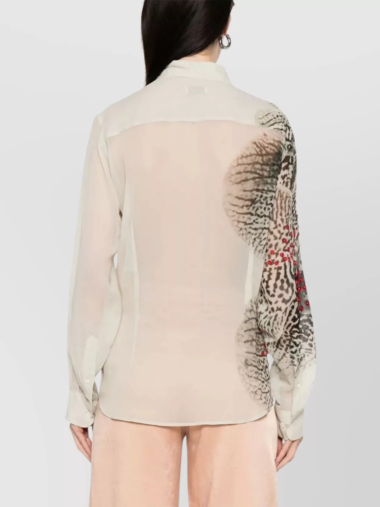 Shop Dries Van Noten Abstract Print Beaded Collared Sheer Shirt