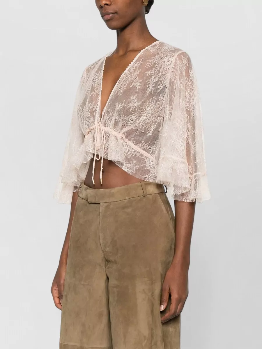 Alberta Ferretti Lace Cropped Top Sheer Flared Sleeves Drawstring