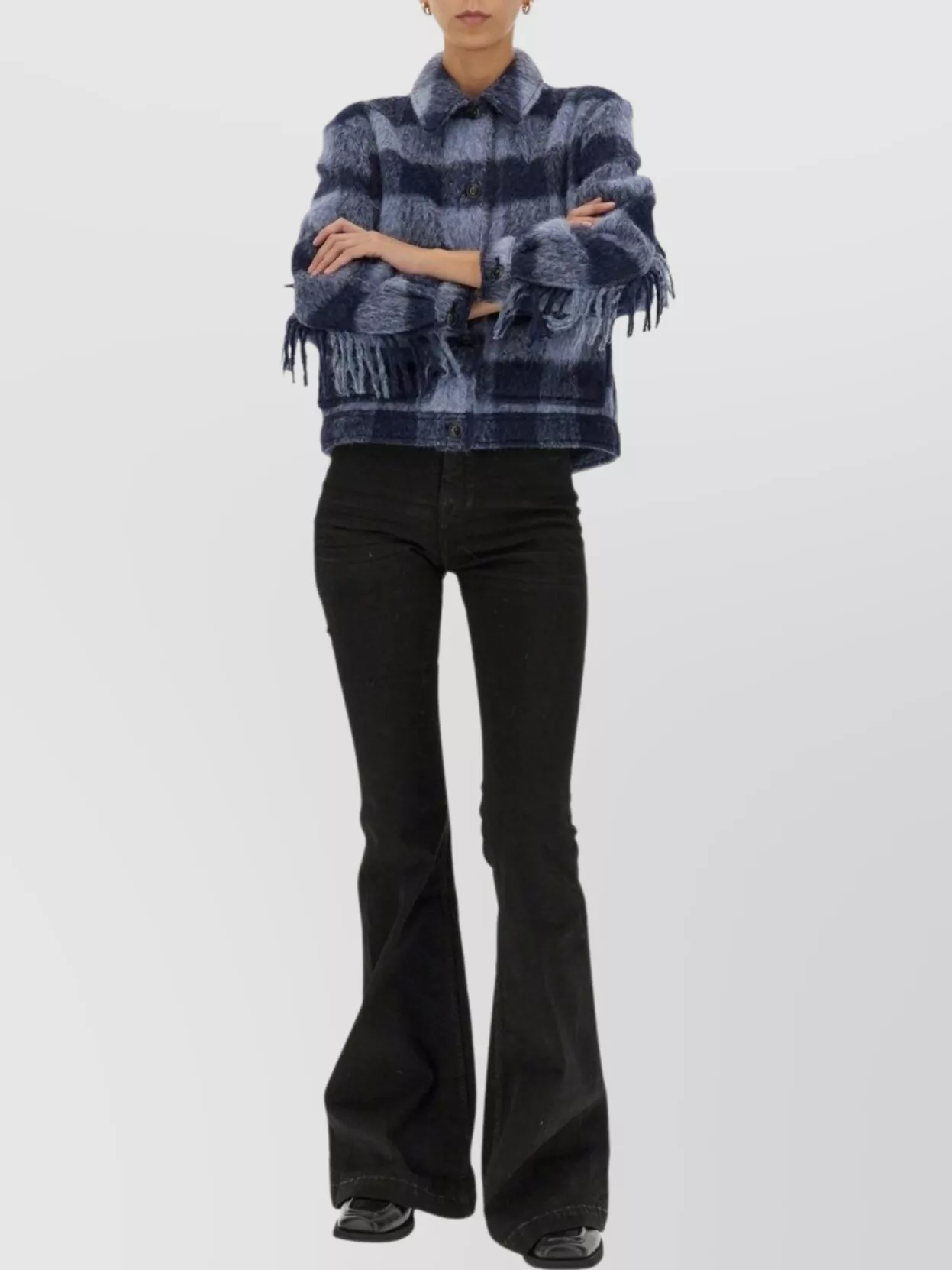 WOOLRICH CHECKED FRINGE COLLARED JACKET