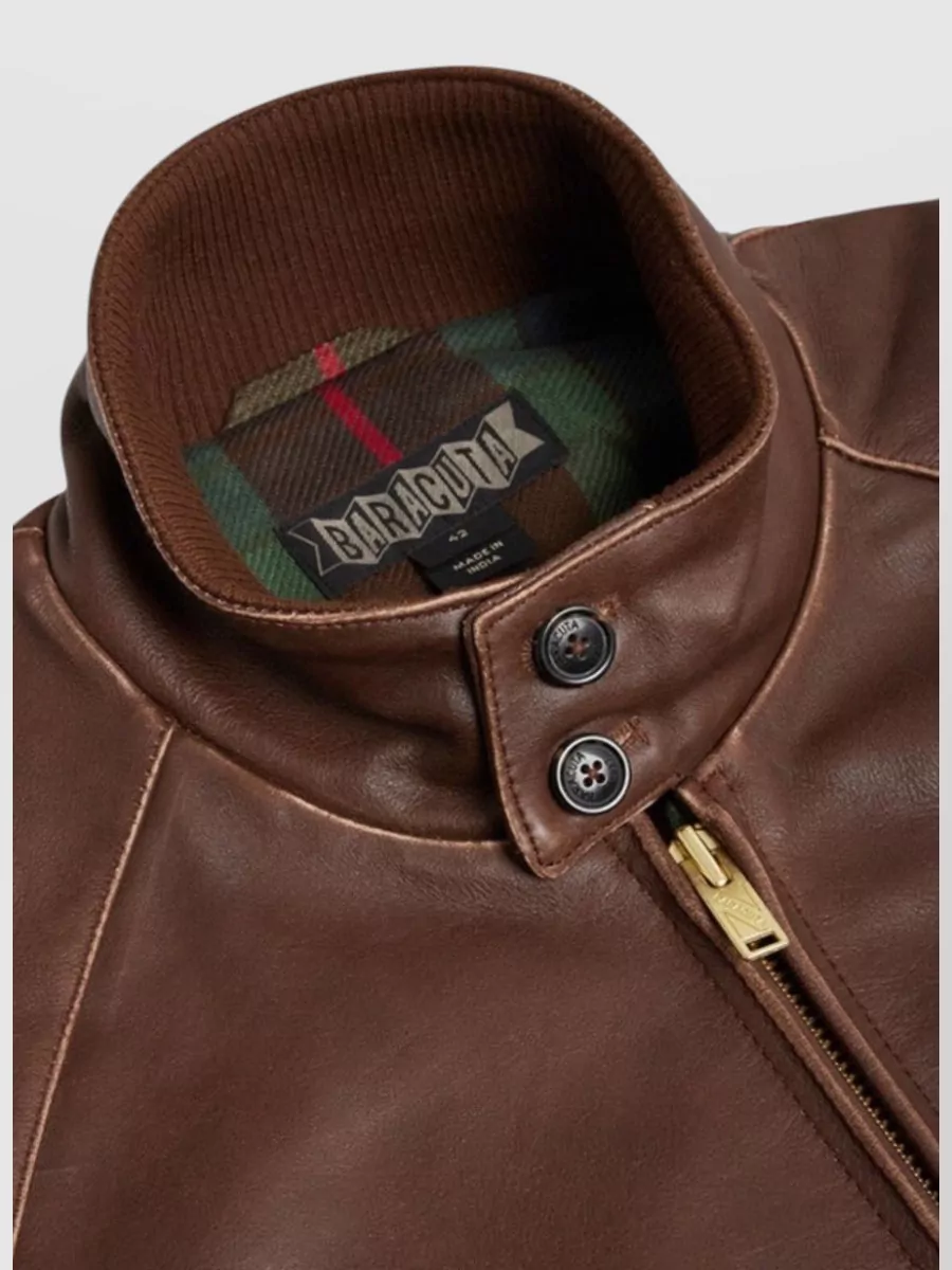 Baracuta Leather Jacket With Ribbed Collar And Pockets