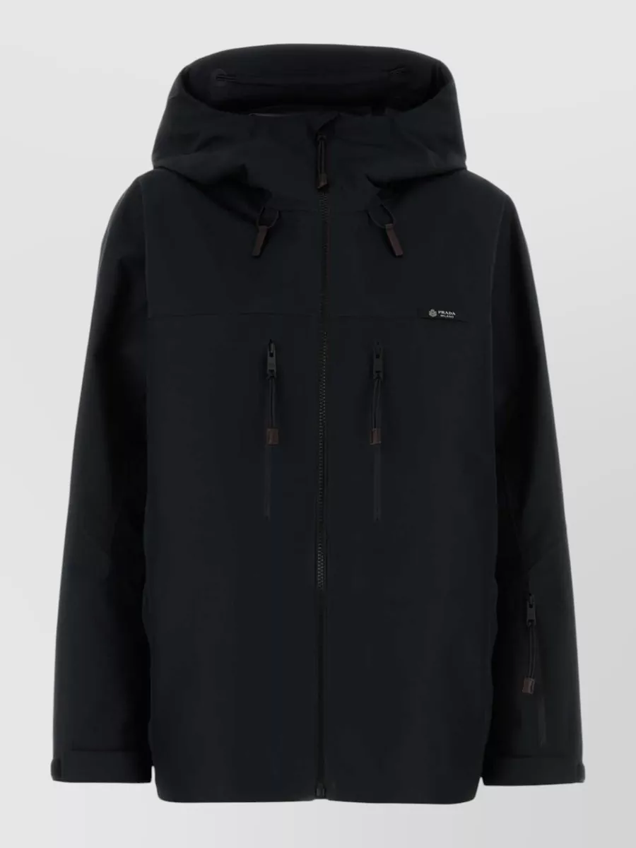 Prada Hooded Polyester Windbreaker Jacket Long Sleeves In Black