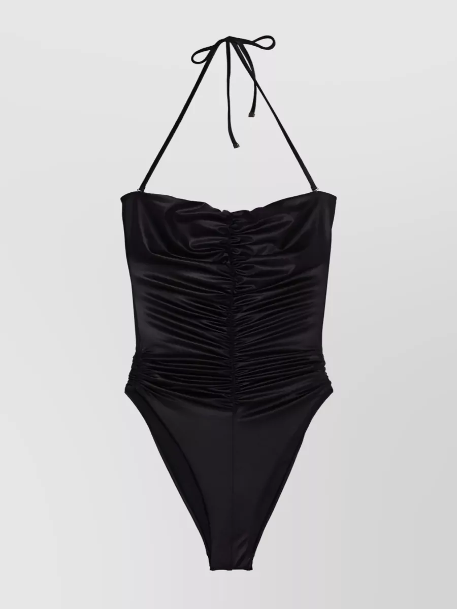 Shop Saint Laurent Ruched Halterneck-tie High Cut Swimsuit In Black