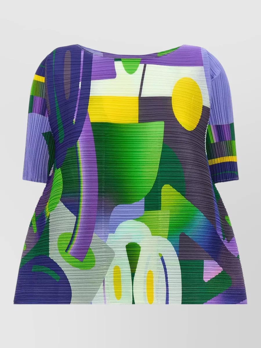 Pleats Please Issey Miyake Printed pleated boat neck short sleeve asymmetric blouse