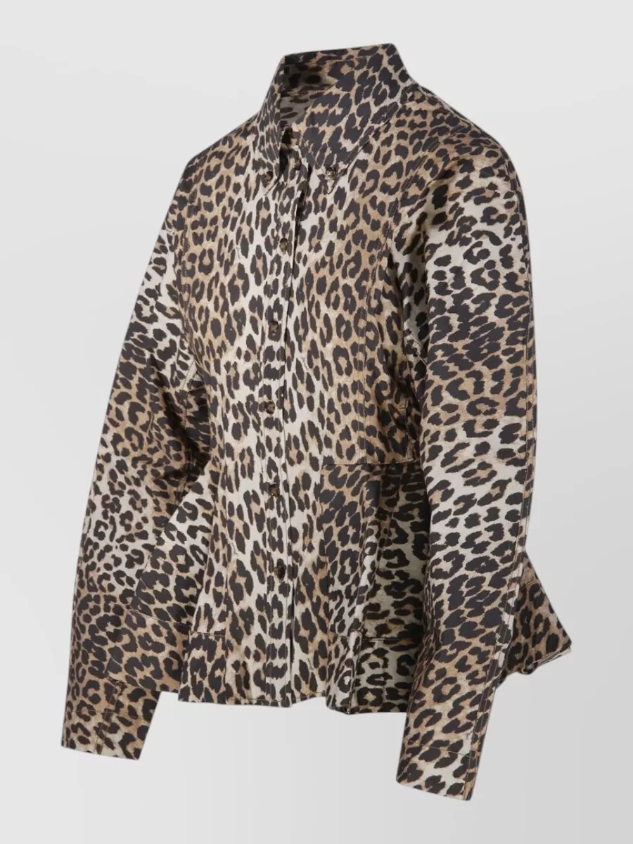 Ganni Stretch Cotton Peplum Shirt Leopard Print
