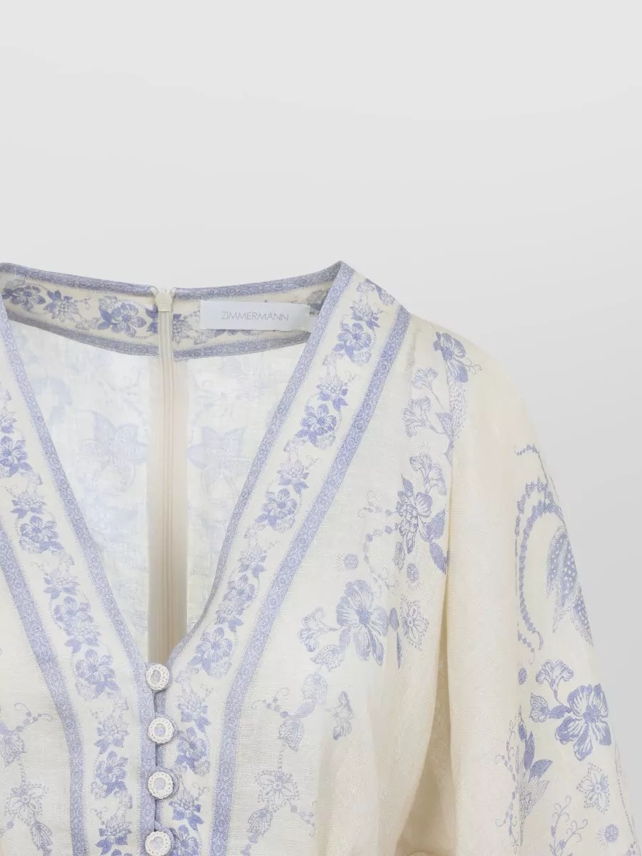 Zimmermann Linen Floral-Print V-Neck Puff-Sleeve Mini Dress