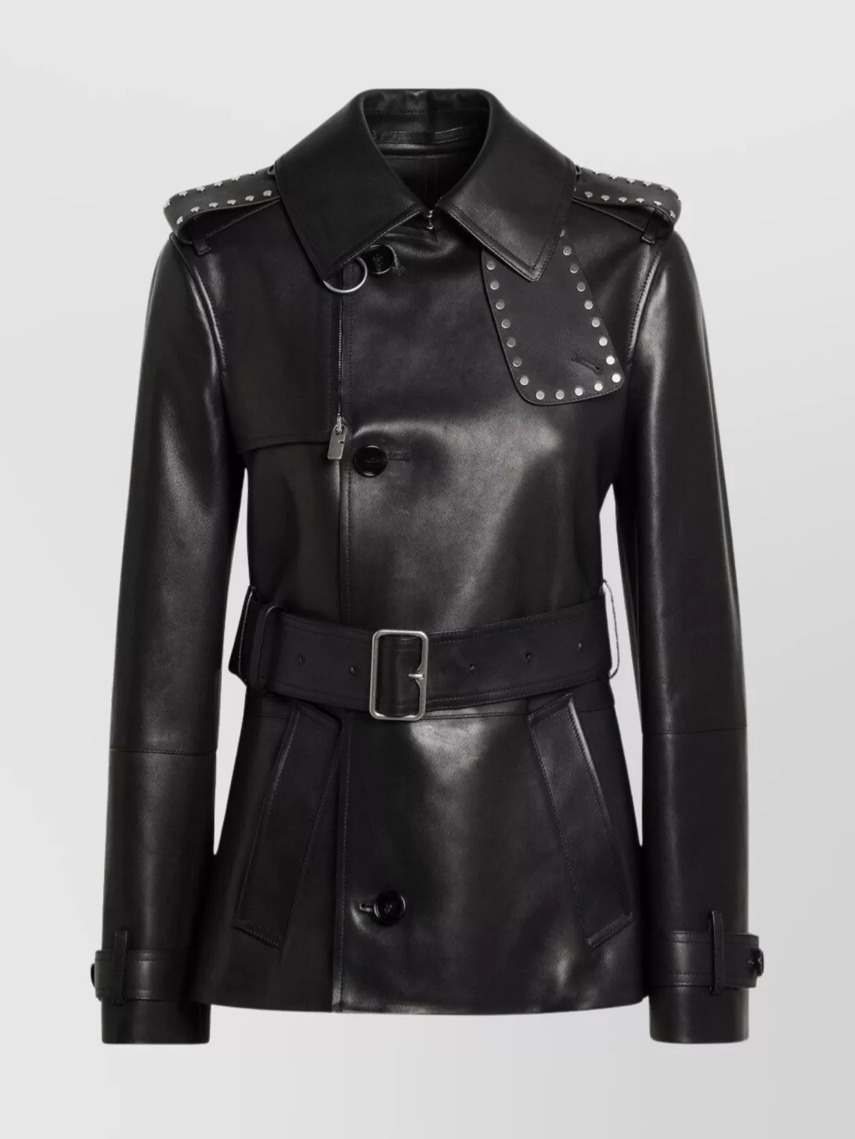 Burberry Short Leather Jacket With Studs And Buckle In Black