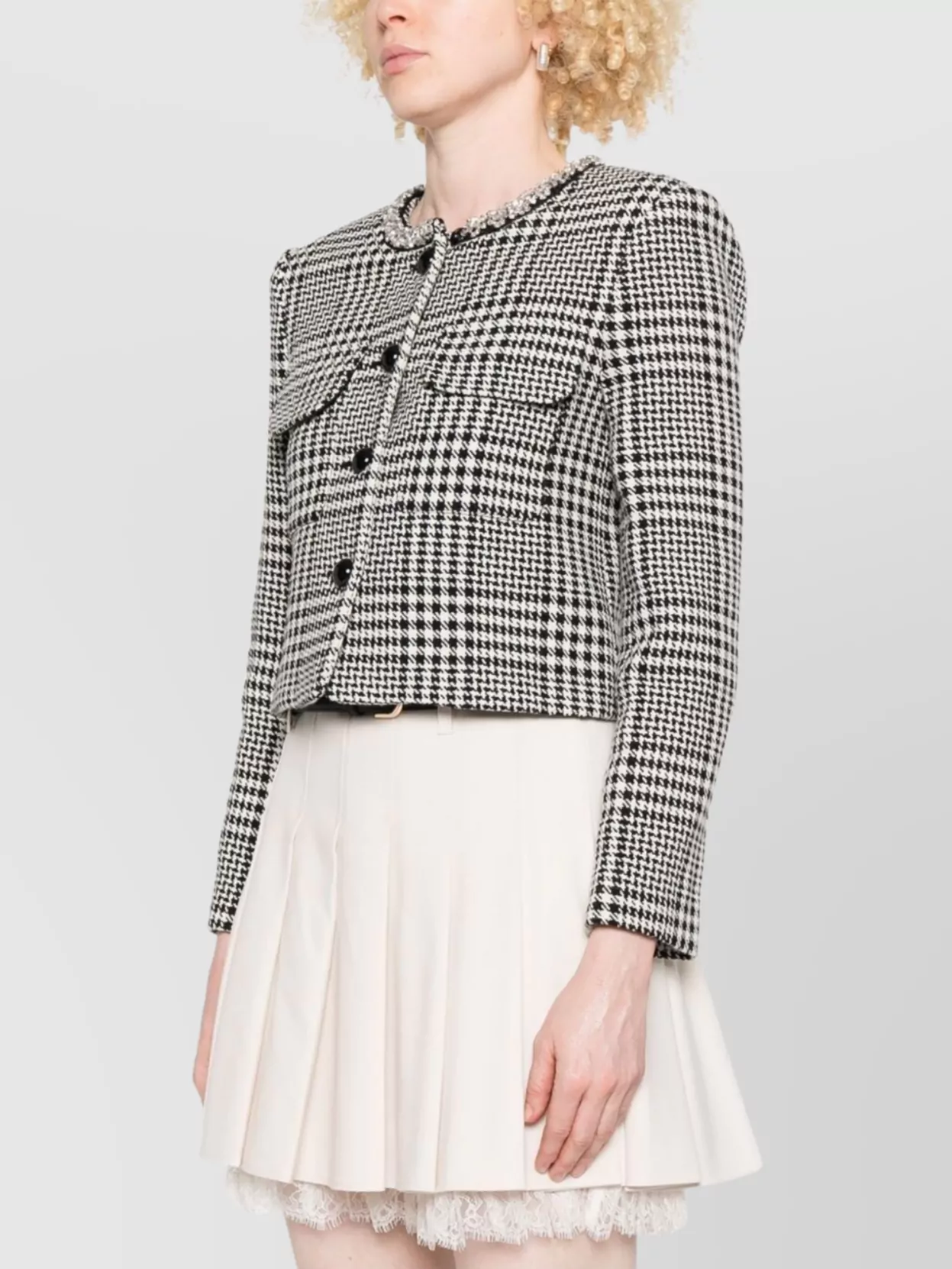 Self-Portrait Crystal Embellished Checked Cropped Tweed Jacket