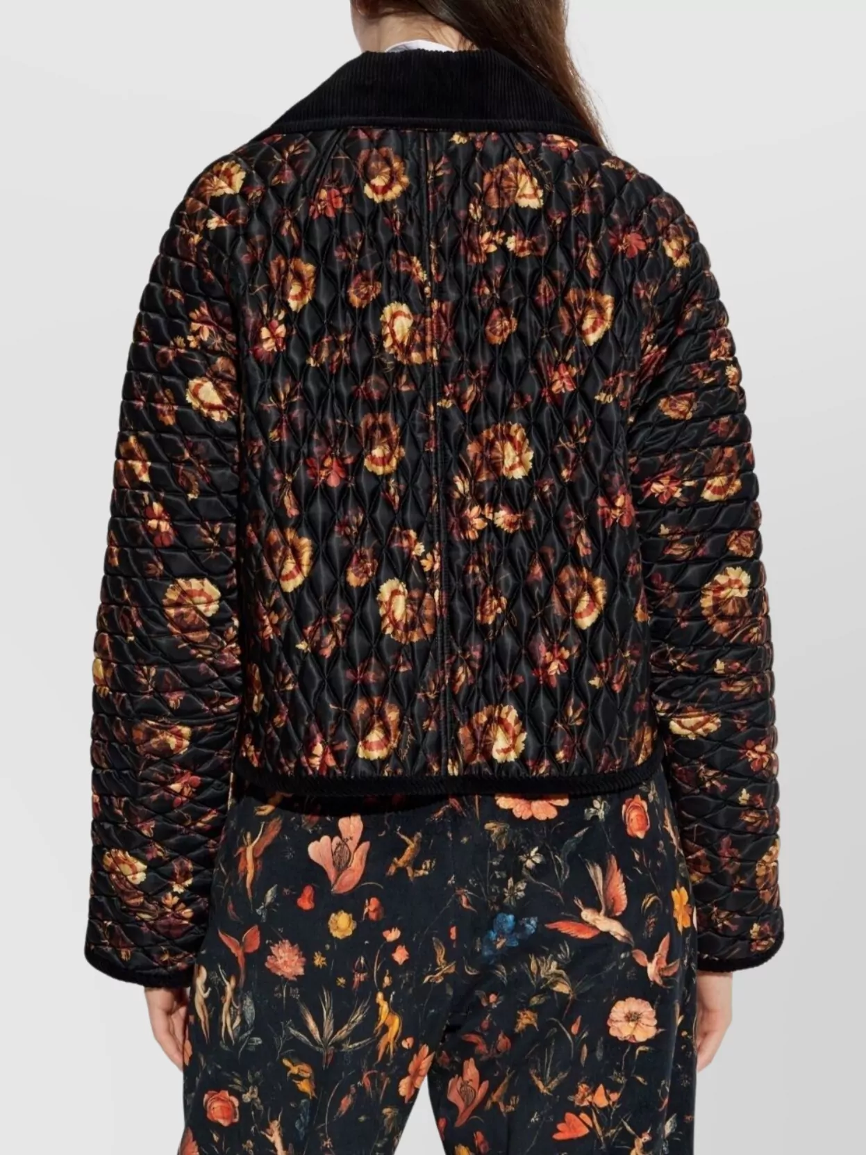 Burberry Floral Quilted Nylon Jacket With Corduroy Collar In Black