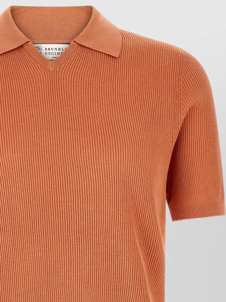 Brunello Cucinelli Cotton Ribbed V-Neck Short-Sleeve Polo Sweater