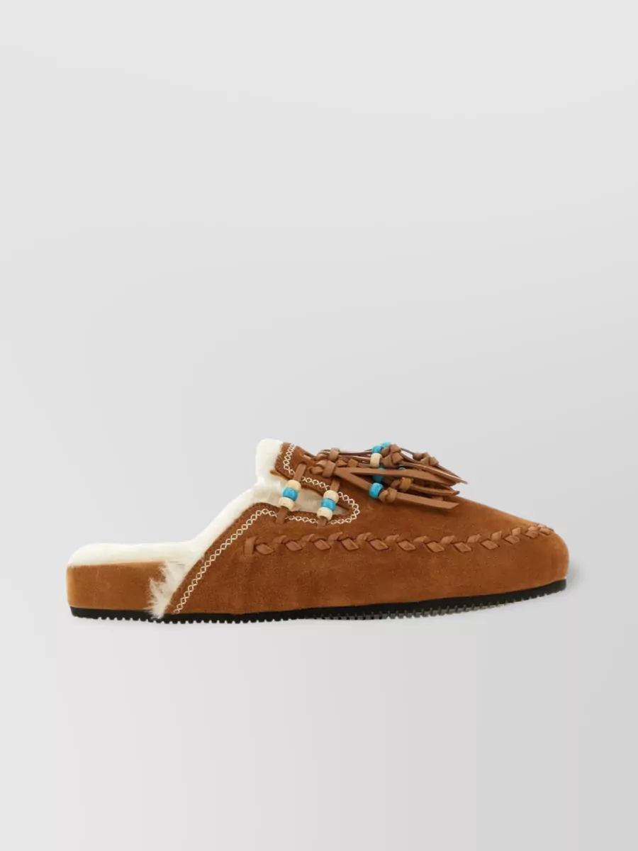 Shop Alanui The Voyage Fringed Suede Slippers In Brown