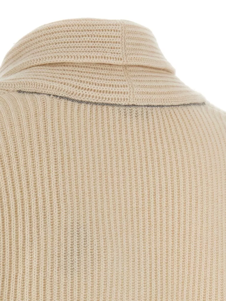 Brunello Cucinelli Cashmere Ribbed V-Neck Shawl Collar Sweater