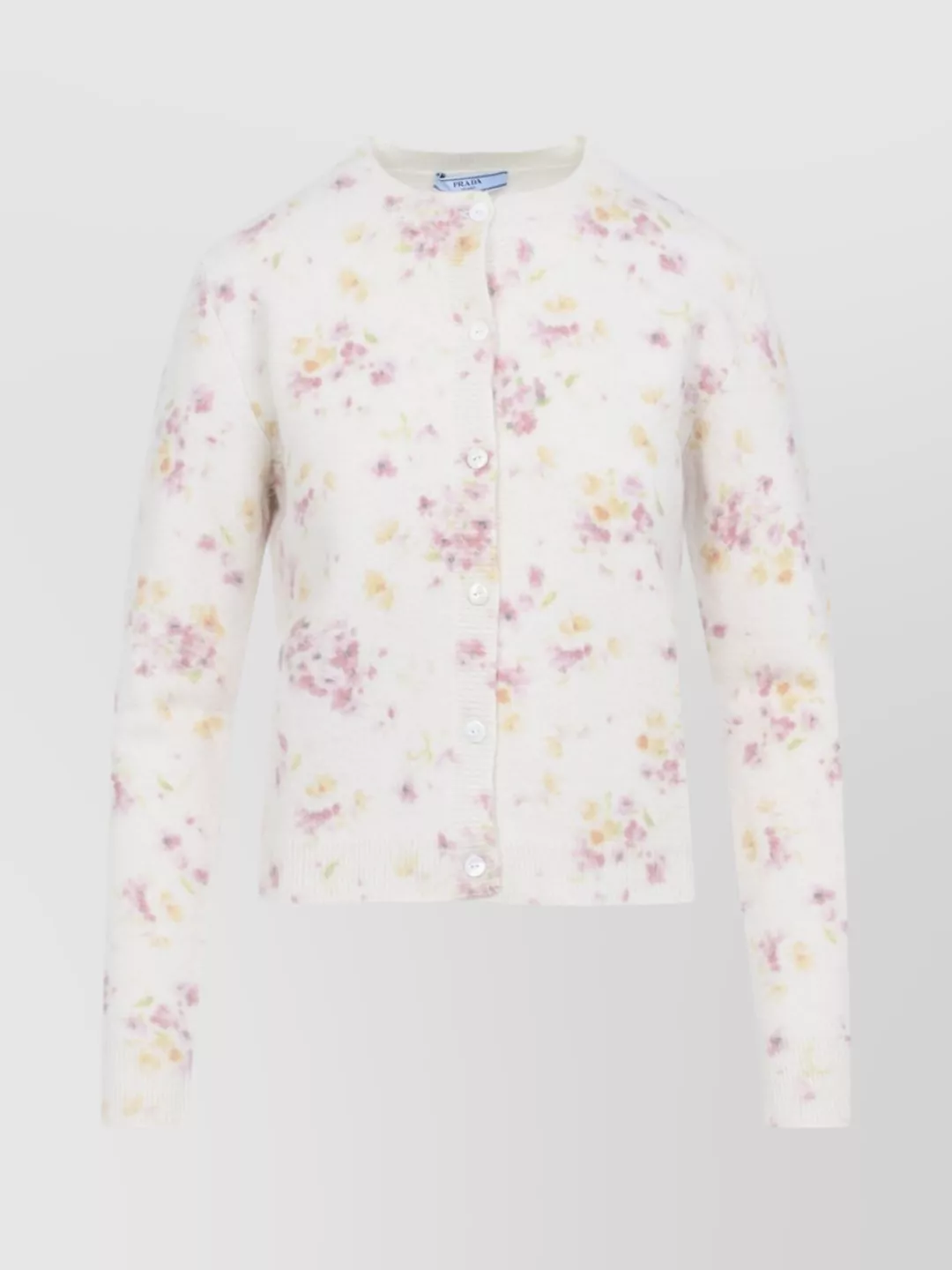 Prada Floral Pattern Long Sleeve Crew Neck Cardigan In White